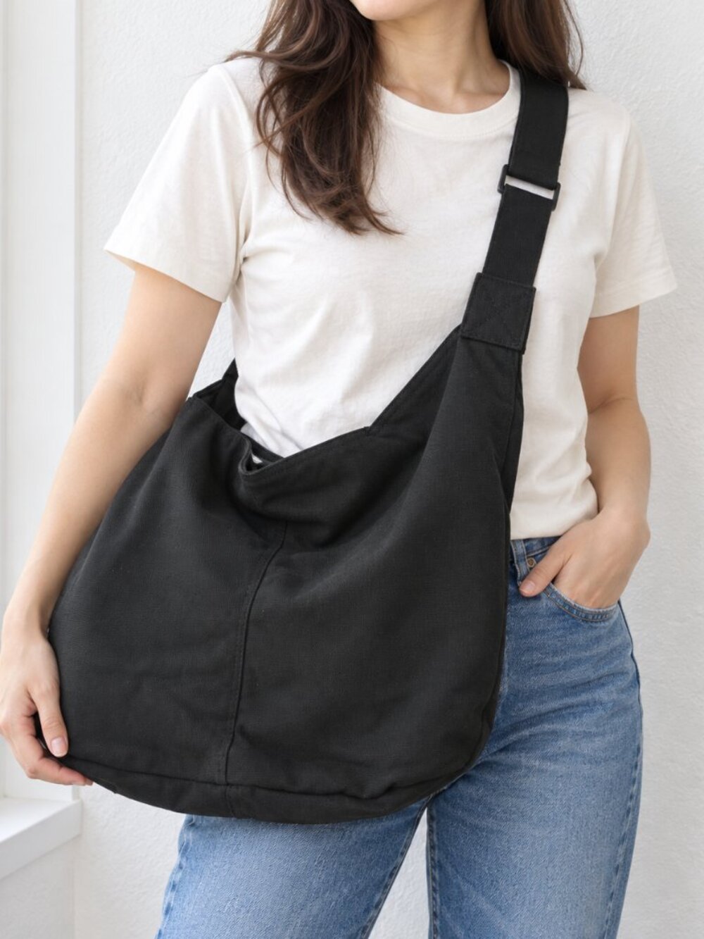 Black Large Canvas Crossbody Hobo Newspaper Bag Adjustable Shoulder Tote